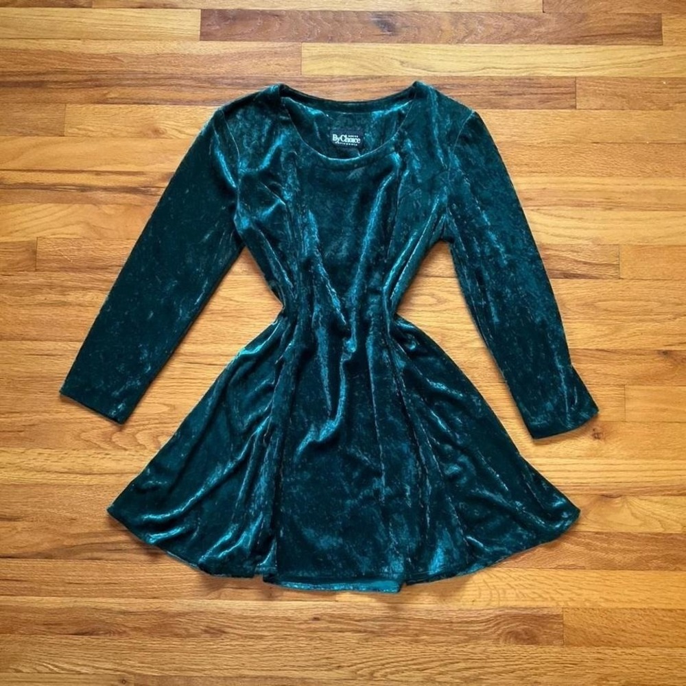 Vintage 90s Green Velvet Mini Skater Dress Size Medium Laceup Back Whimsy Preppy - Picture 1 of 4